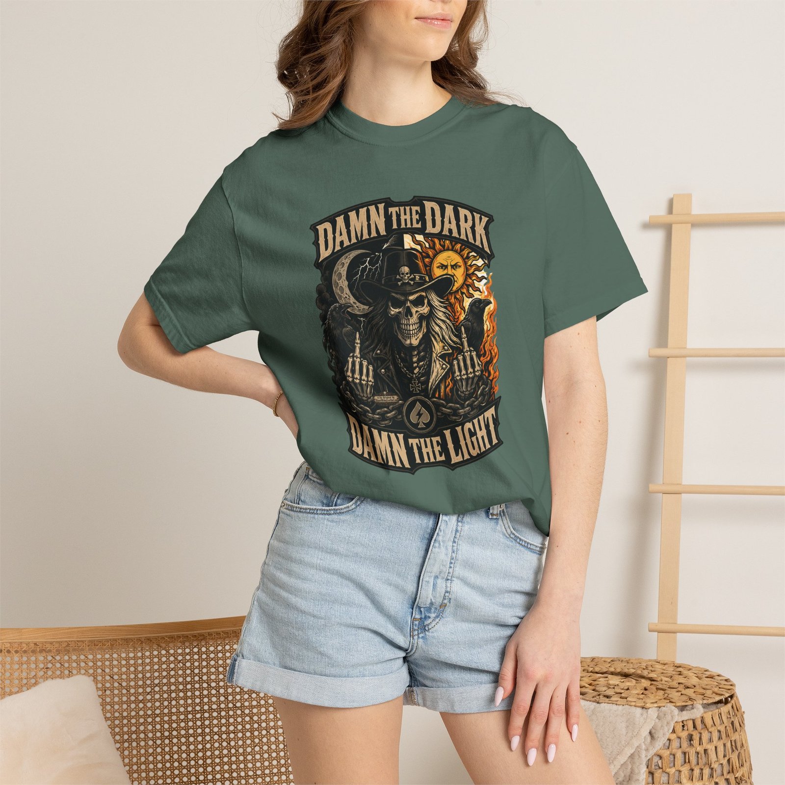Unisex Garment-Dyed T-shirt - Comfort Colors 1717 - Damn the Dark, Damn the Light - Skull - Image 2