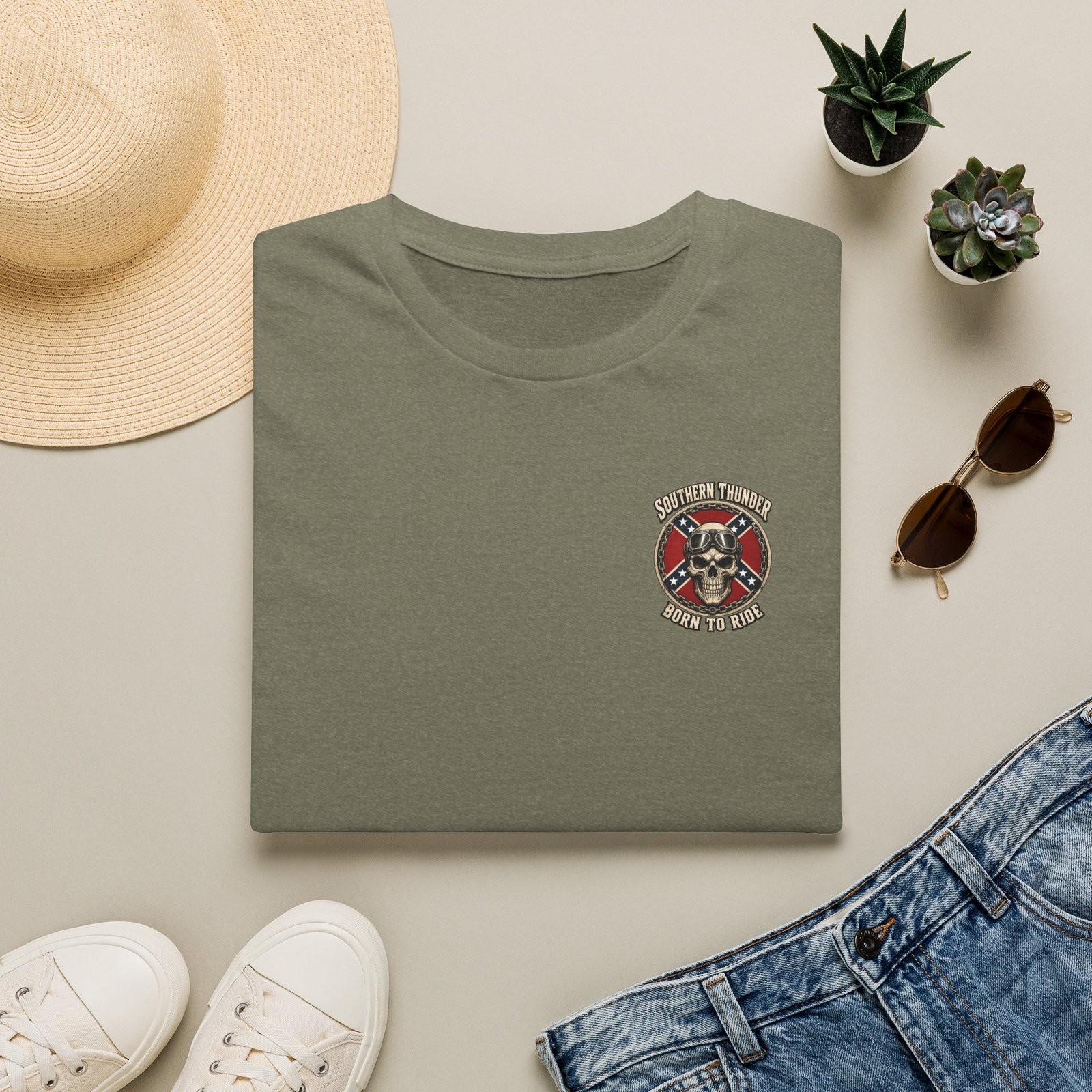 Motorcycle T-Shirt - Southern Thunder - Born to Ride - Skull Biker - 'Pocket' Area - Biker Ride Tee - Image 25
