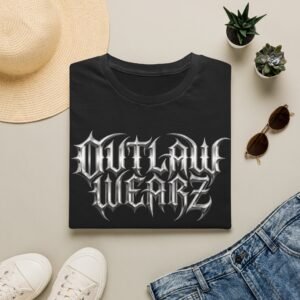 Motorcycle T-Shirt - 'Outlaw Wearz' - Gothic Chrome Text - Biker Ride Tee